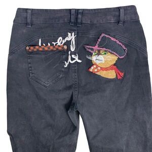 Puss In Boots Cat Embroidered Cropped Denim Jeans 29 Black Skinny Stretch